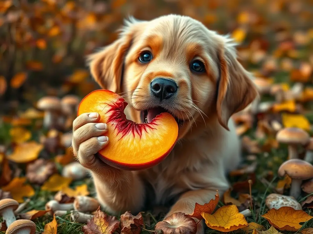 Un cachorro de labrador juguetón disfruta de una fruta de durazno