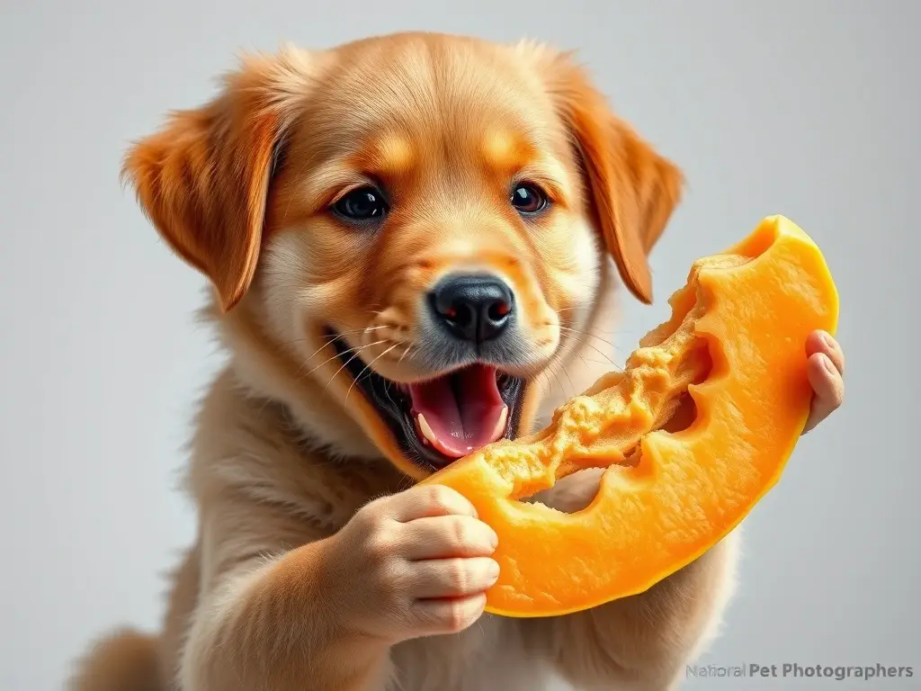 Fotografía realista de un cachorro golden retriever con cantaloupe
