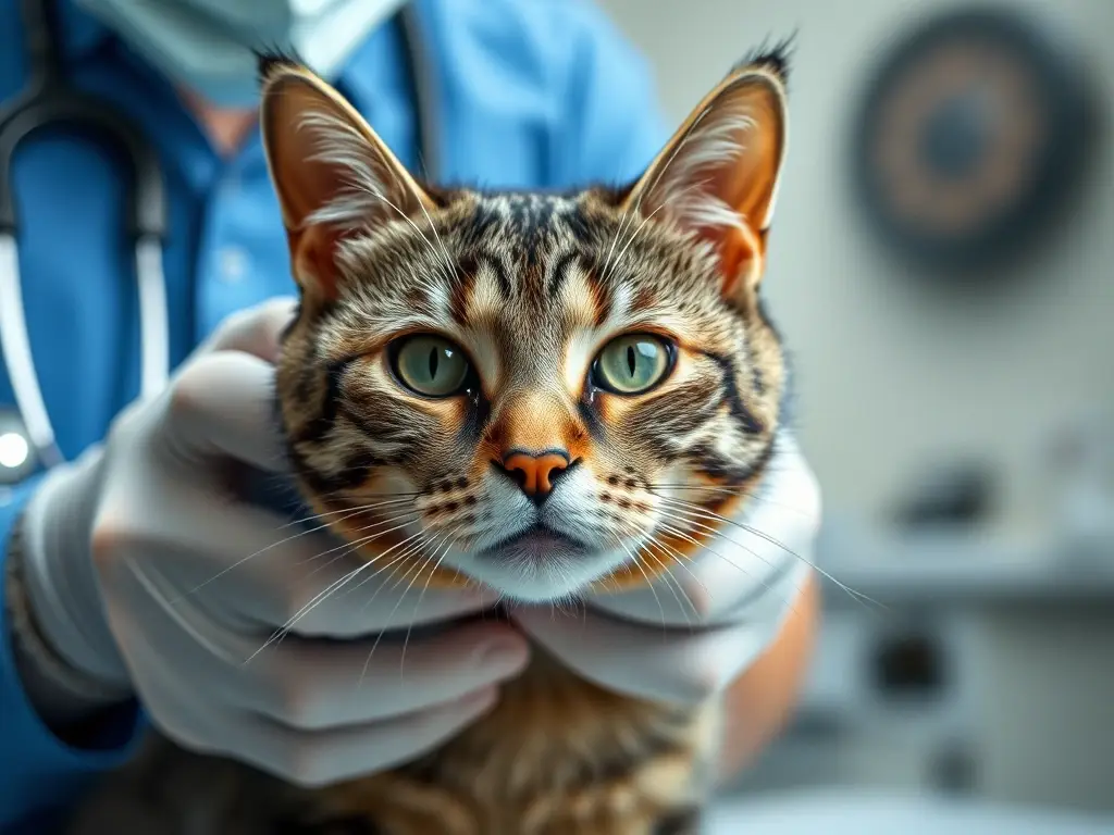 Fotografía realística de un veterinario examinando a un gato tabby gris