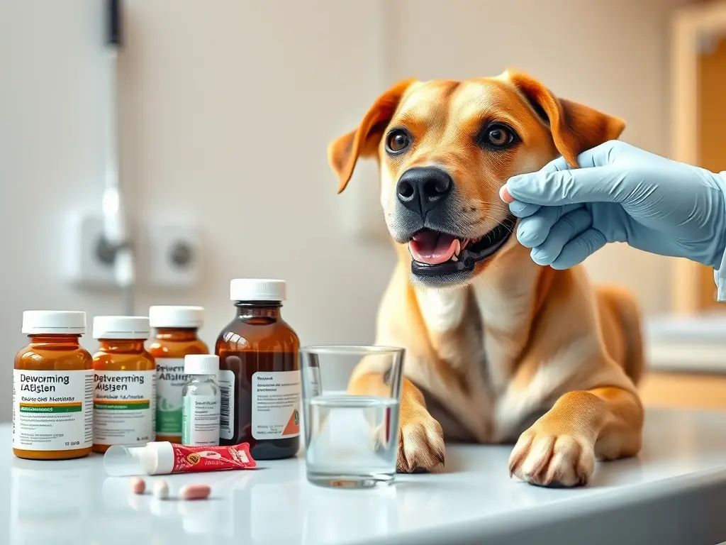 Perro sano sobre mesa veterinaria con medicinas