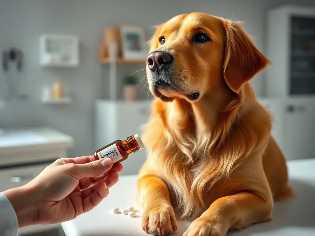 Golden retriever en mesa con Albendazol