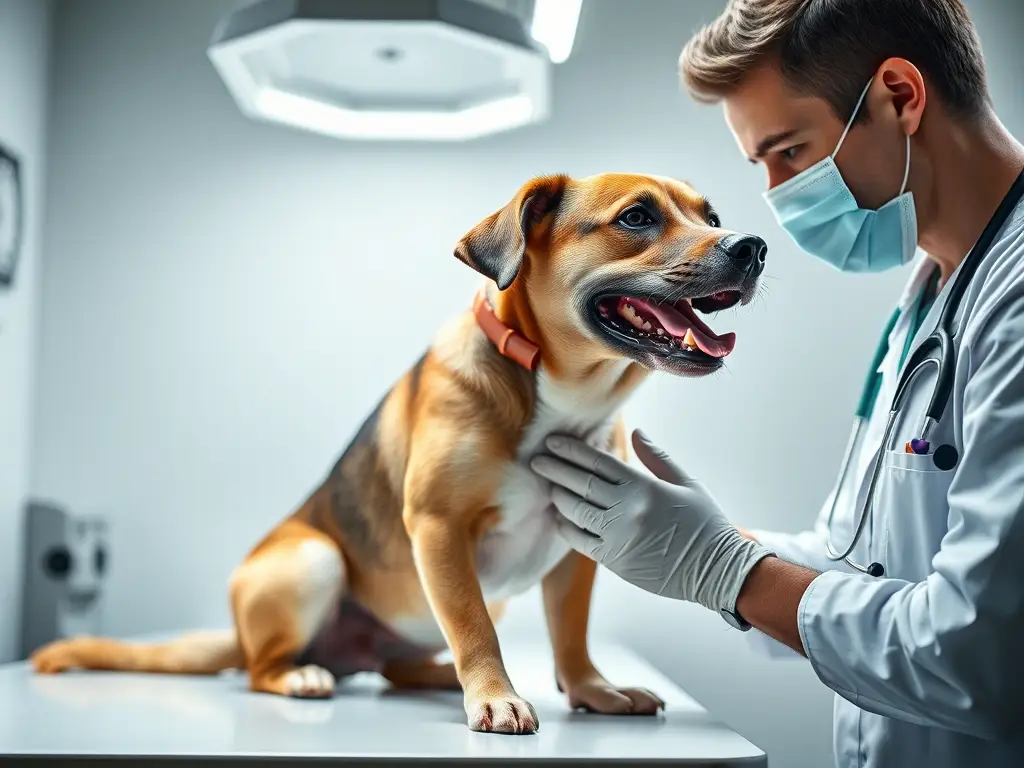 Imagen realística de un veterinario examinando a un perro mixto, enfoque en el rostro y la mirada del veterinario