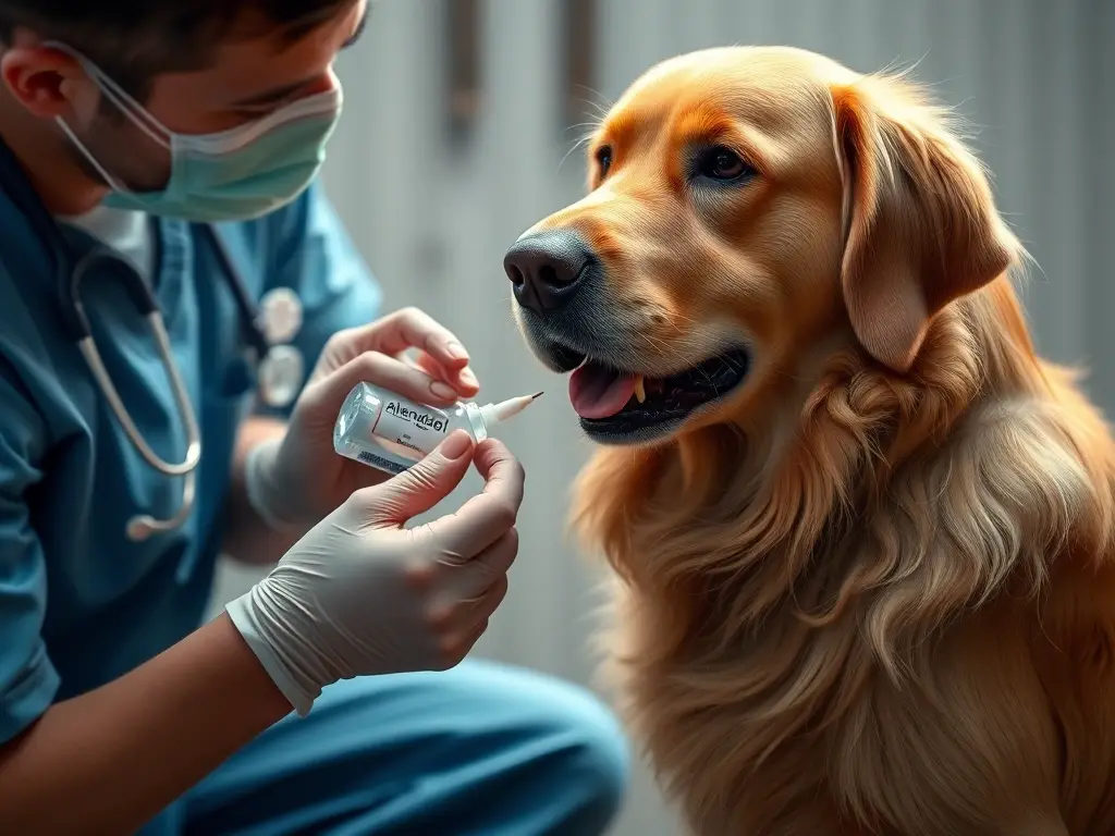 Imagen realista del veterinario dándole albendazol a un perro golden