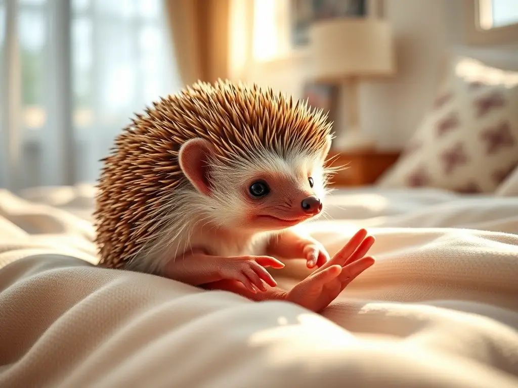 Fotografía realista de ardilla con pelaje natural, en cama, conexión afectuosa