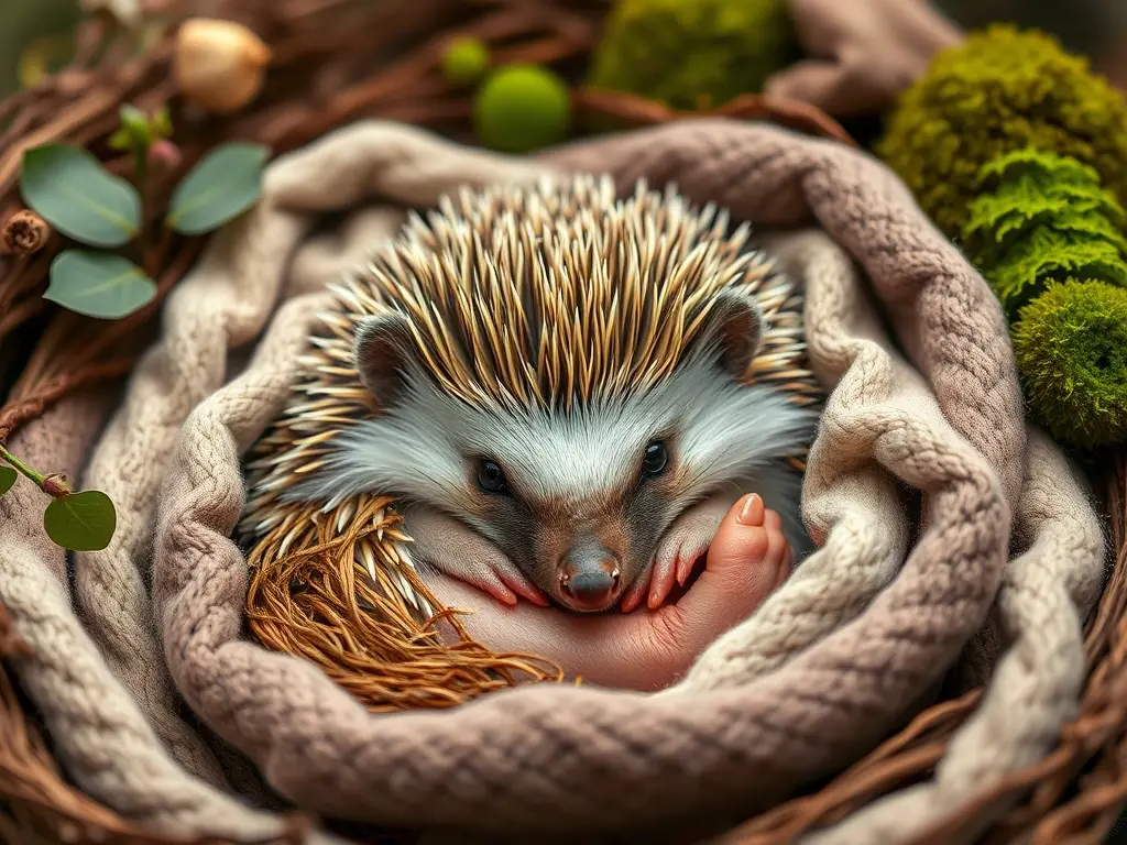 Fotoреалистичный retrato de un erizo con un nido de mantas