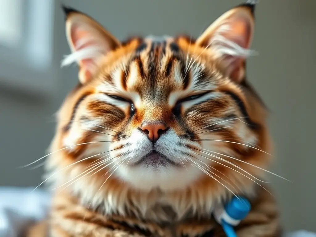 Fotografía realista de un gato persa tabbie con ojos cerrados y estética profesional
