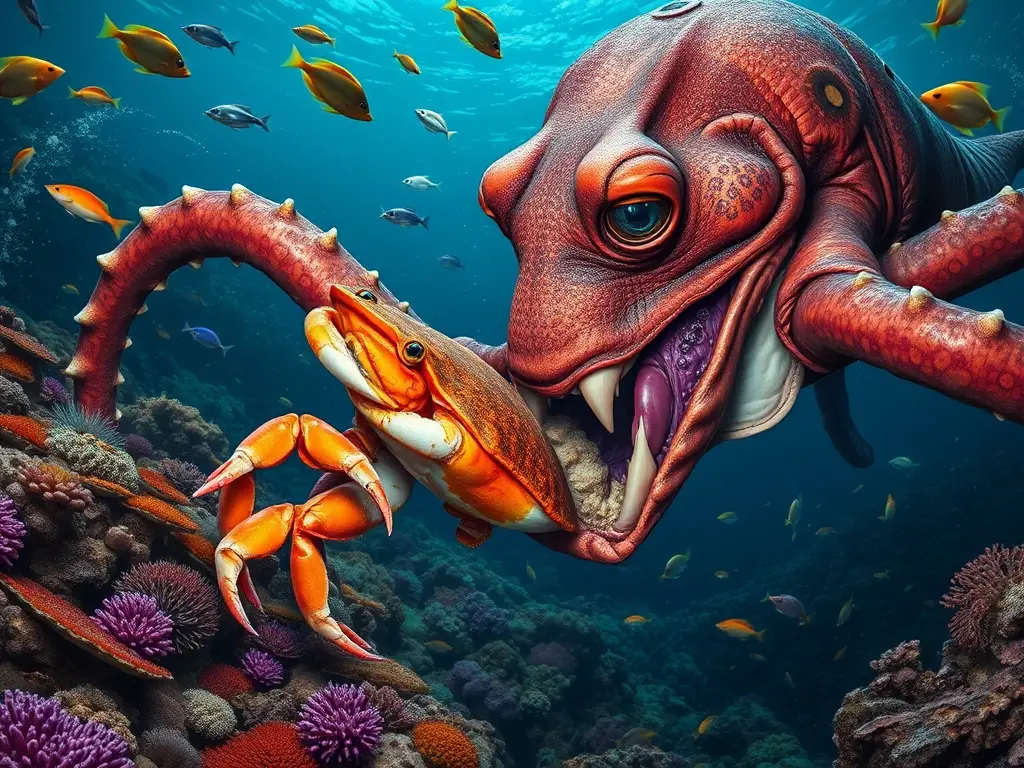 Un pulpo majestuoso se alimenta de cangrejo en un mar vibrante