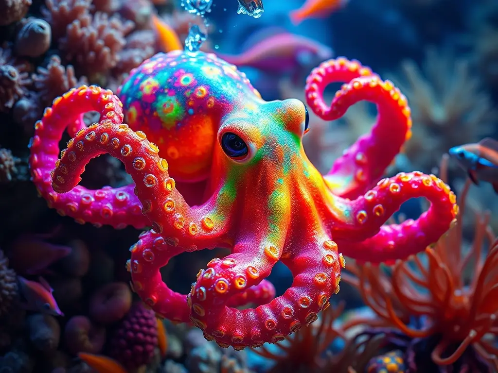 Un octopus brillante, colorido y juguetón envuelto en trépulas se sumerge en un mar vibrante