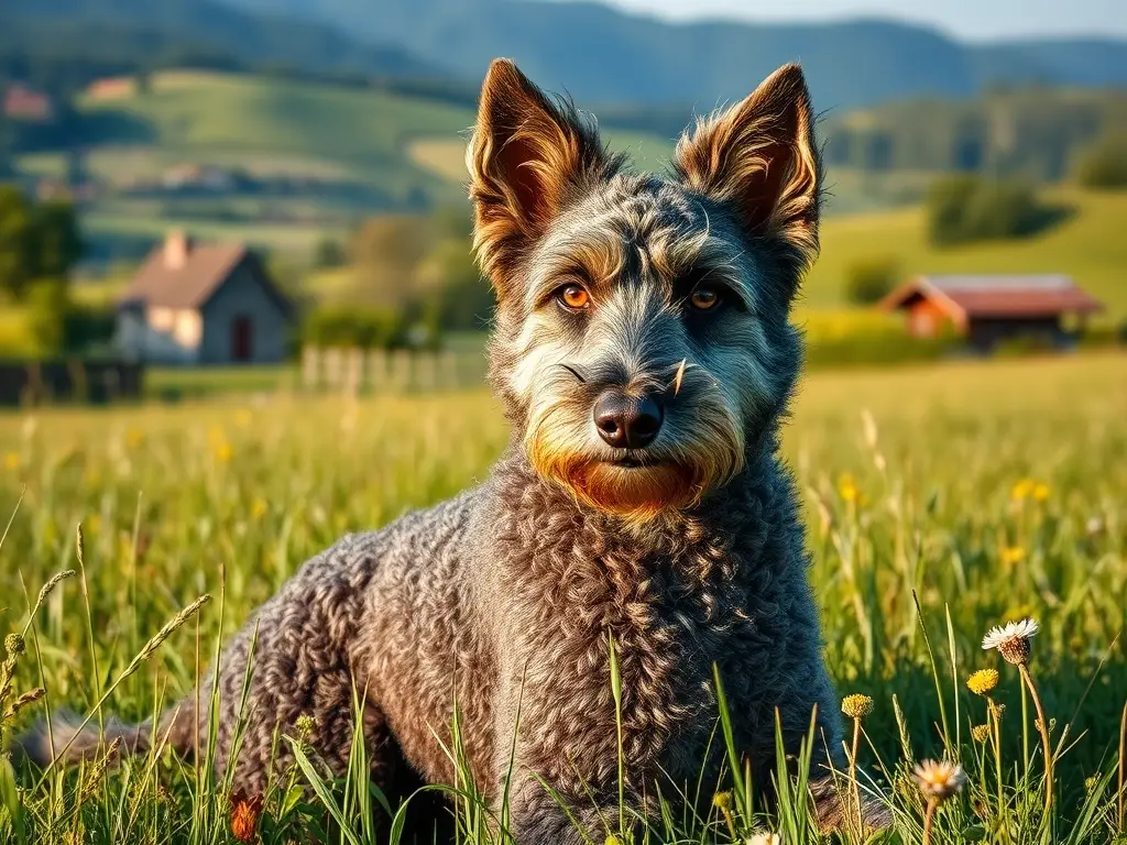 Retrato fotorrealista de Pumi en campo húngaro