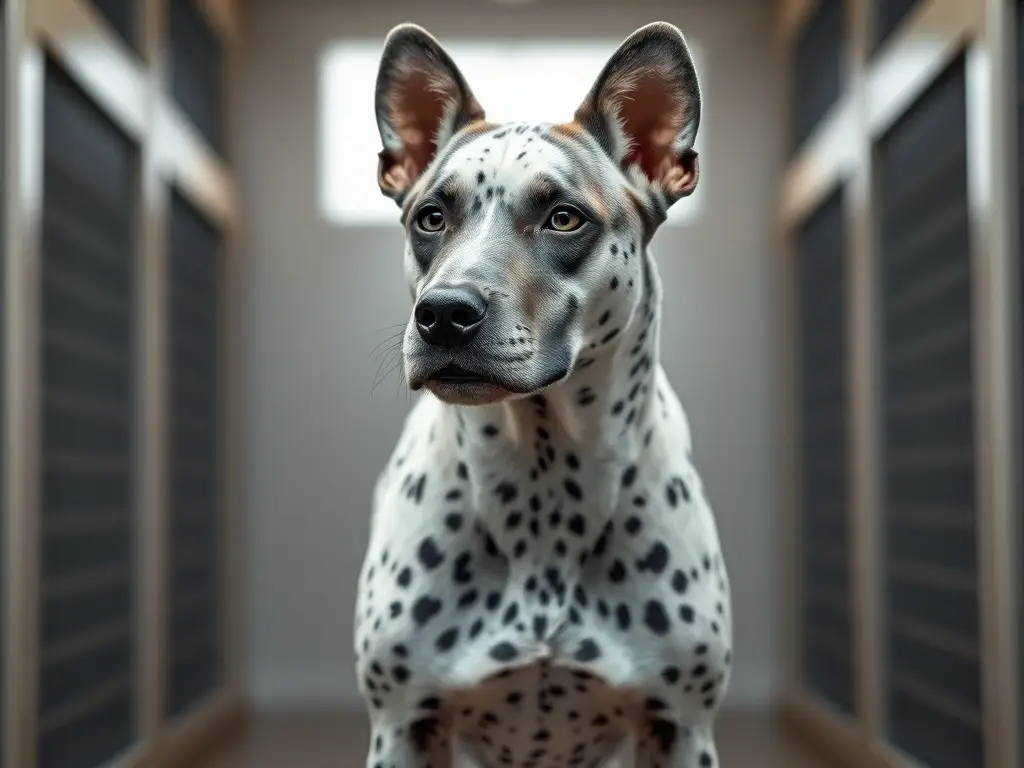 Imagen realista de Pumi con abrigoSpots, impecable anatomía, iluminación brillante