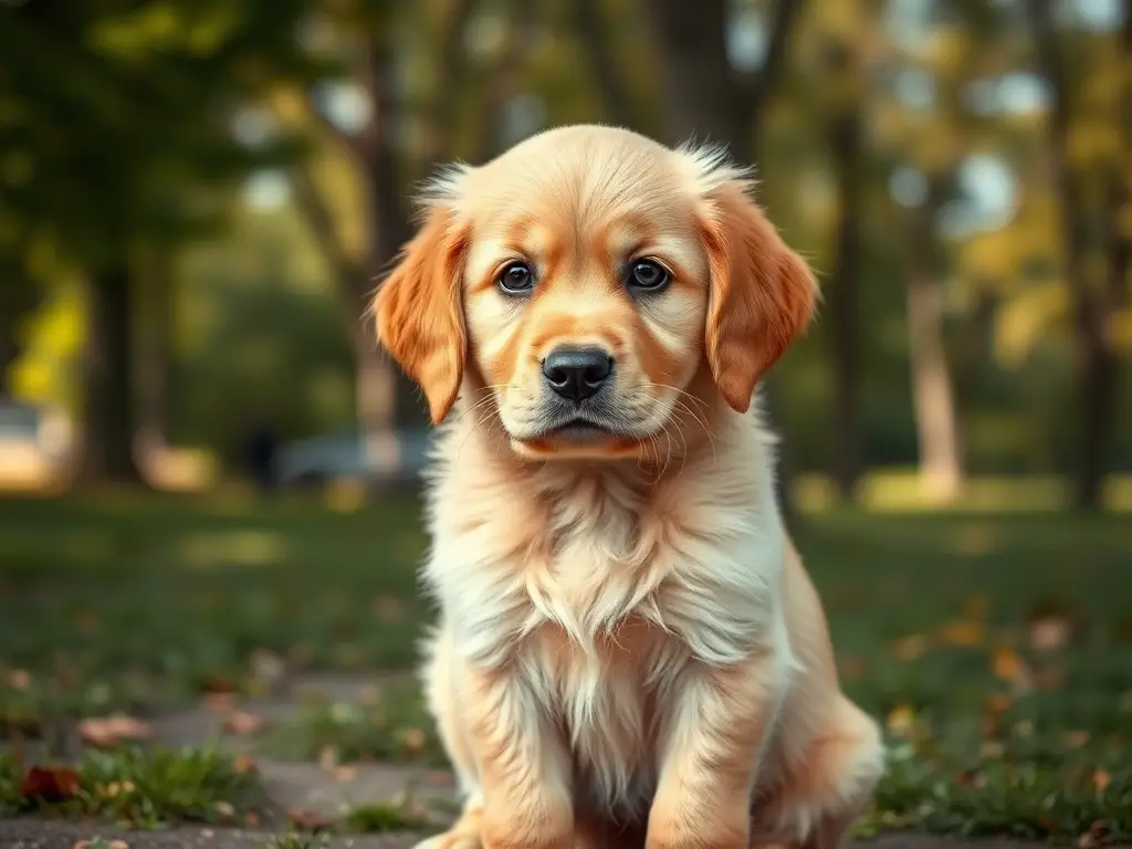 Imagen hiperrealista de un cachorro de labrador con ojos ampliados en un parque