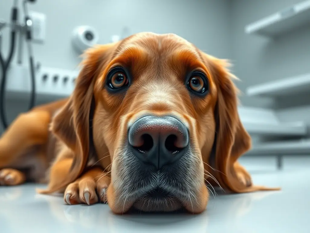 Retrato fotorrealista de perro en mesa veterinaria