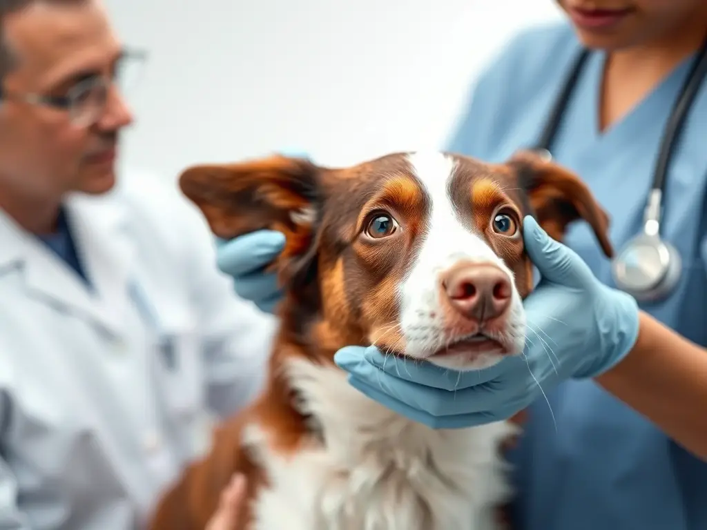 Foto de un veterinario examinando a un perro con pupilas dilatadas