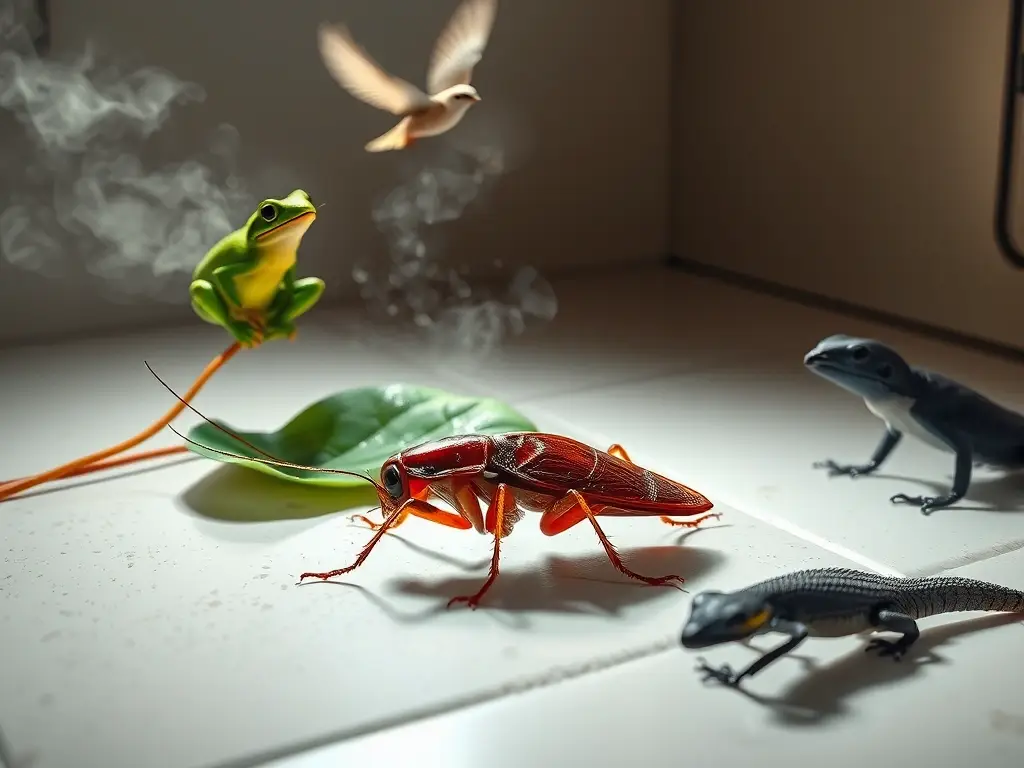 Ilustración fotorrealista: cucaracha, depredadores y spray