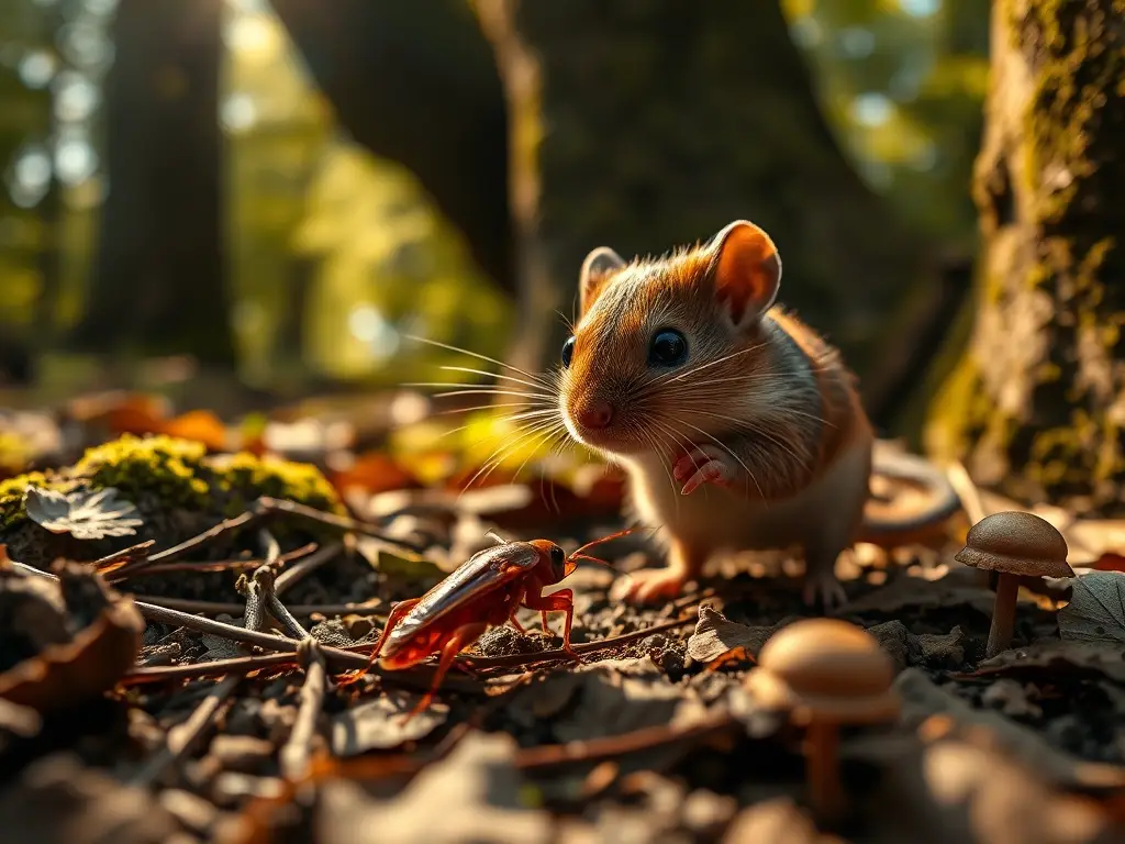 Pequeño mamífero atrapa cucaracha en bosque
