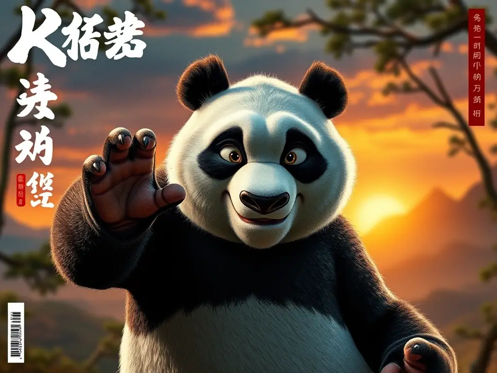 Imagen realista de portada de un artículo con un panda de Kung Fu, detalles de fauna y un paisaje natural