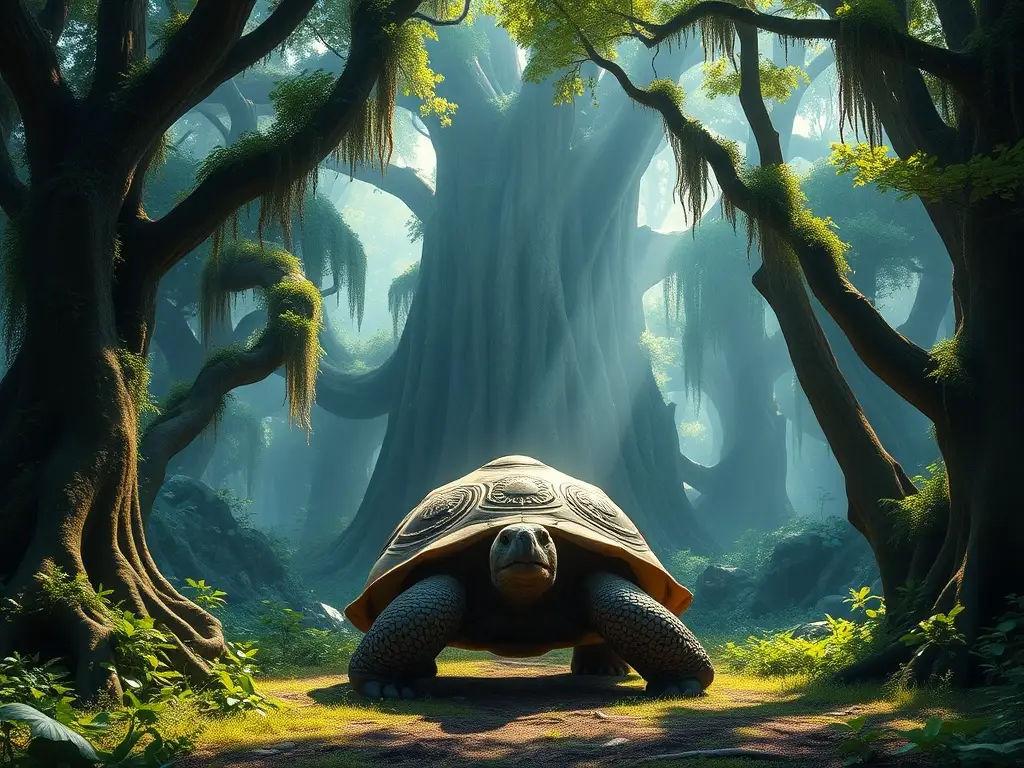 Imagen realista de una tortuga sabia en un bosque mágico de Galápagos