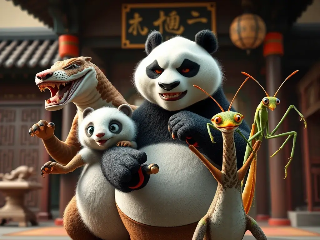 Photorealistic cover art evoking Kung Fu with animal figures in a traditional Chinese home