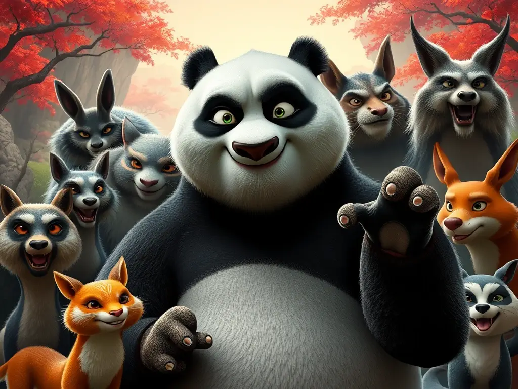 Fotorealistic 8k retrato de Po, Kung Fu Panda, pose majestuosa
