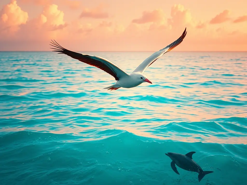 Majestuoso frigatebird sobre océano turquesa al amanecer