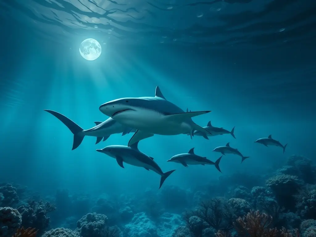 Atardecer submarino: tiburón dormido y delfines