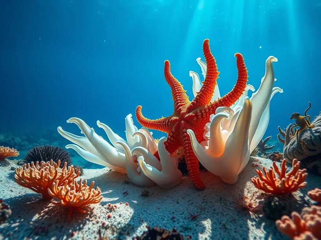 Escena submarina con estrella de mar vibrante
