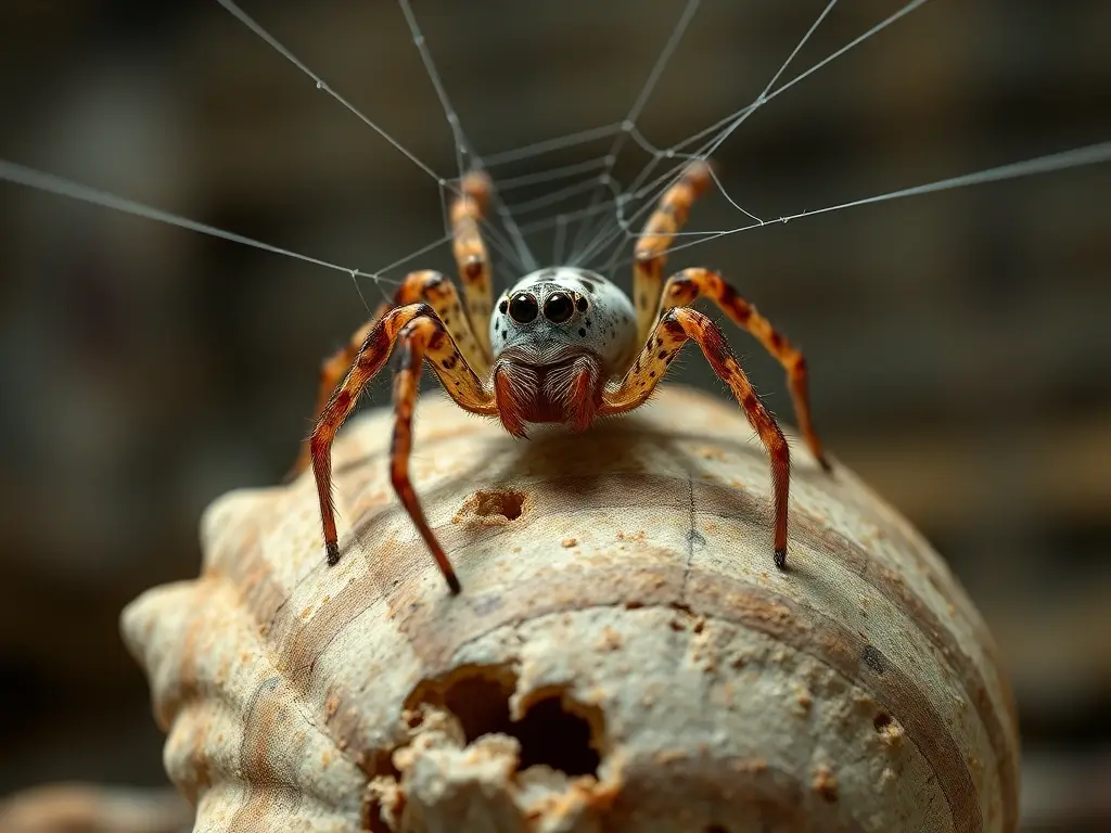 Imagen realista, detallada de una araña con manchas web en una concha fósil