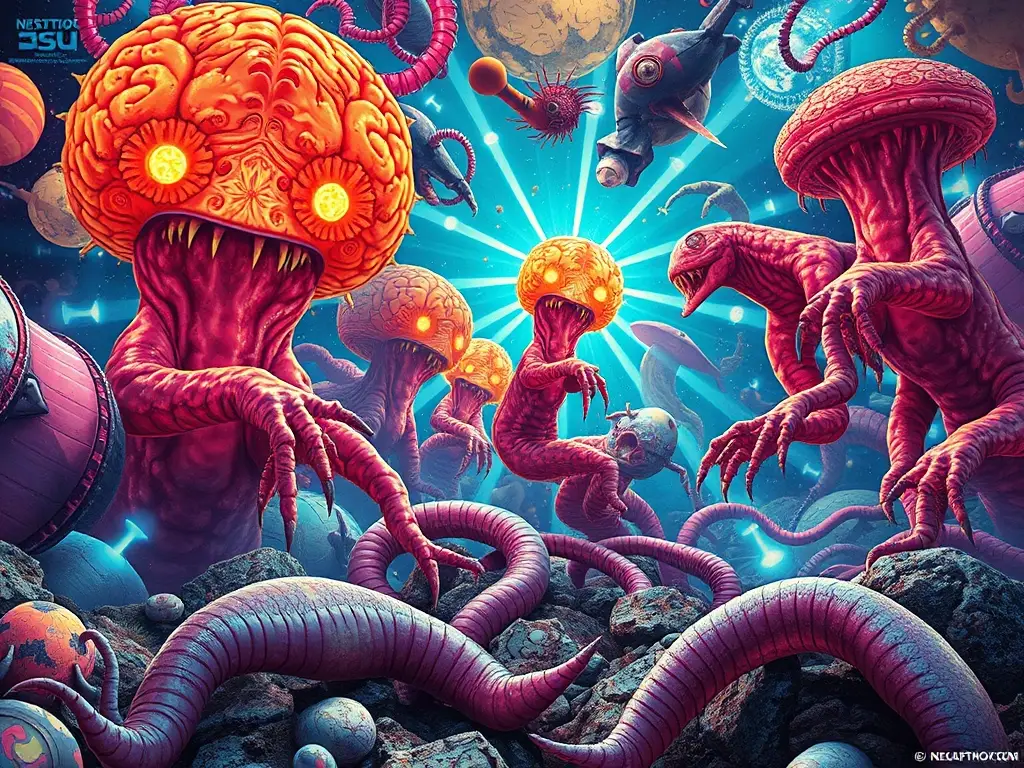 Un retrato científico de un mundo bio-fecundo con criaturas sin cerebro interactuando con luces interdimensionales