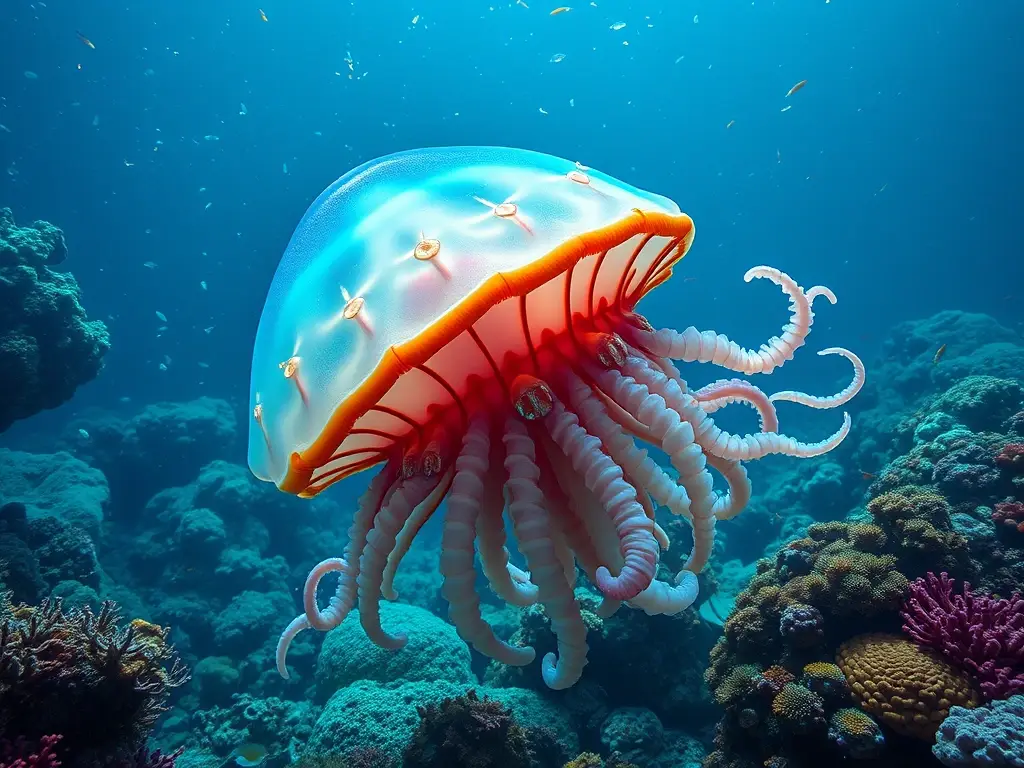 Una fotografía realista de un calamar de agua salada camuflado en un arrecife coralino