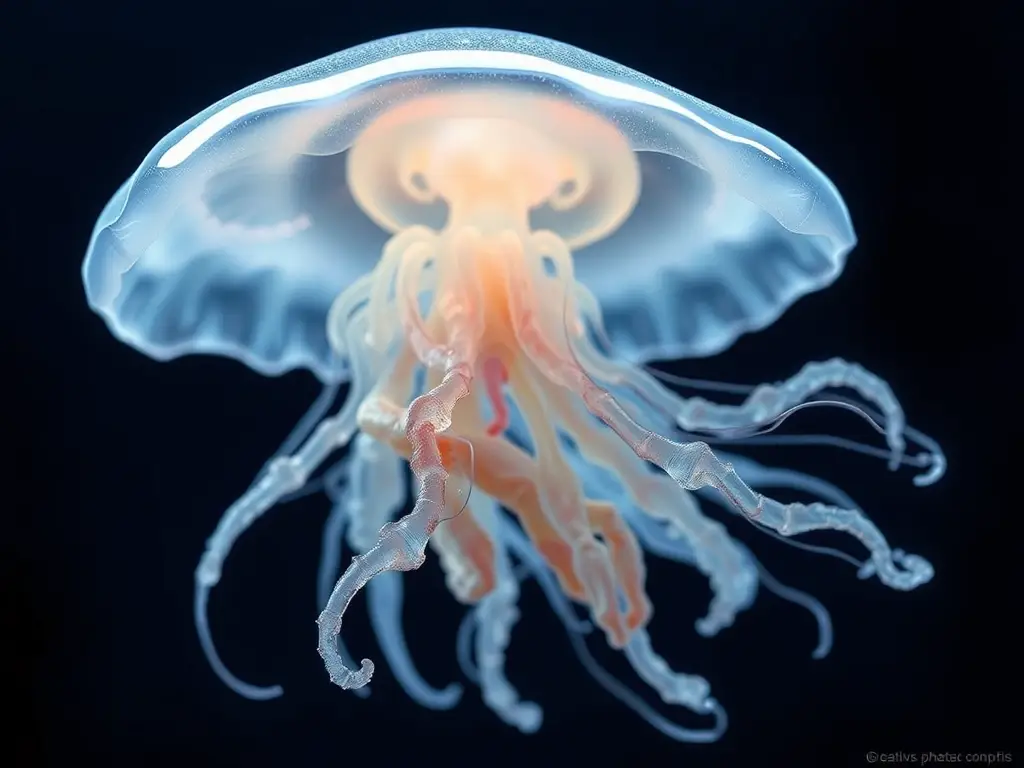 Ilustración realista de calamar translúcido, majestuosa y científica