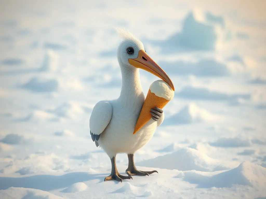 Fotografía realista de un dodo comiendo helado en una isla glacial, sin texto ni marcas