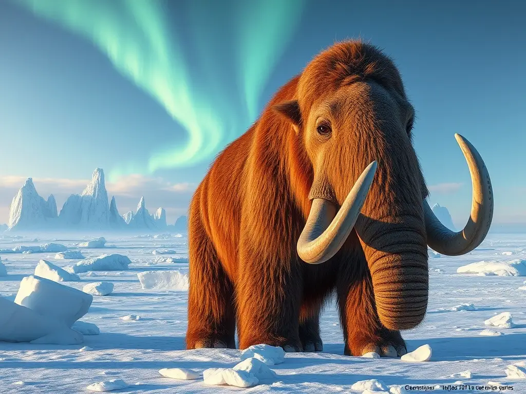 Fotorealista de un mamut ártico en un paisaje de hielo con auroras