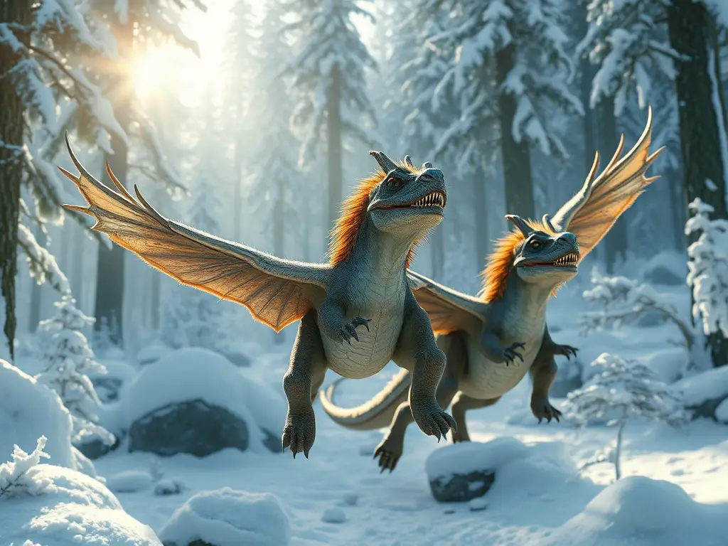 Tres criaturas fantásticas, zarigüeyas y gliptodontos, en un paisaje prehistórico