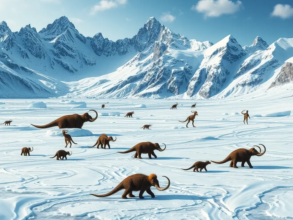 Un paisaje icónico de dinosaurios y mamuts frozen en alta resolución