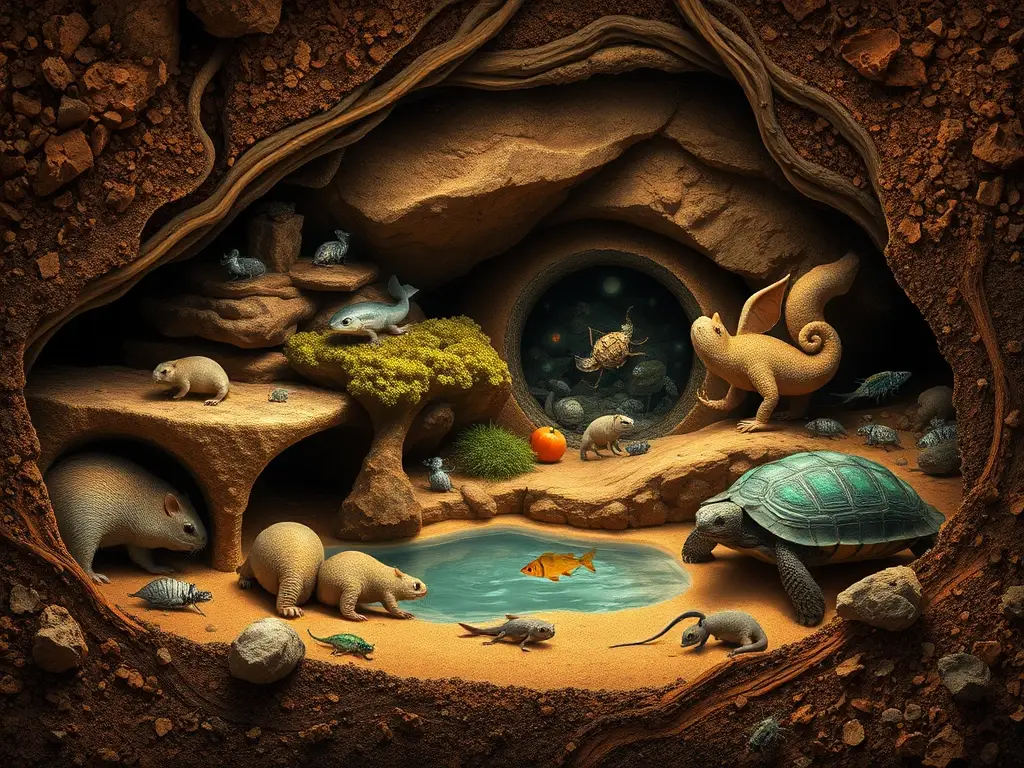 Vista de ecosistema subterráneo con animales troglófilos