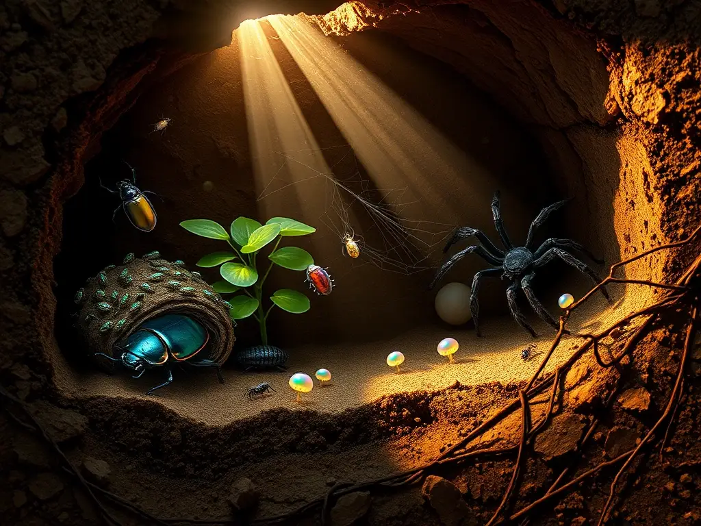 Ecosistema subterráneo fotorrealista lleno de artrópodos