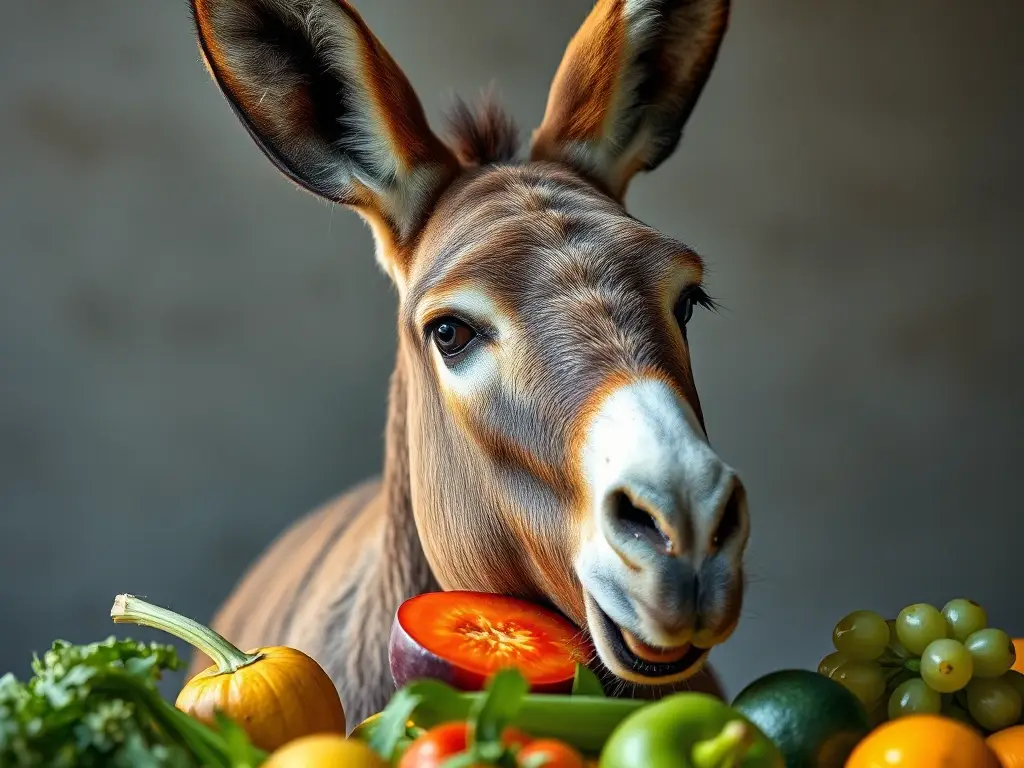 Un retrato realista de un burro disfrutando de frutas y verduras
