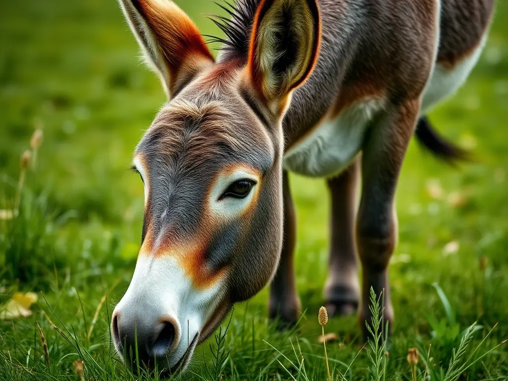 Foto realista de un burro pastoreando tranquilamente en un prado verde