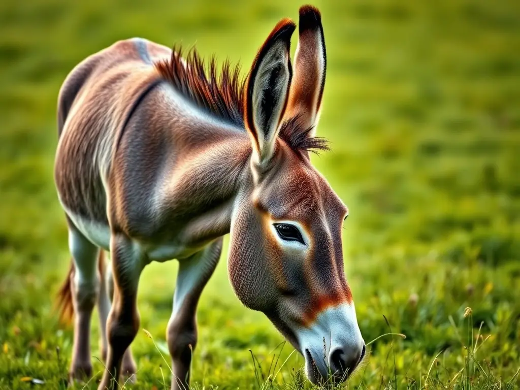 Fotografía realista de burro saludable pastando en prado verde