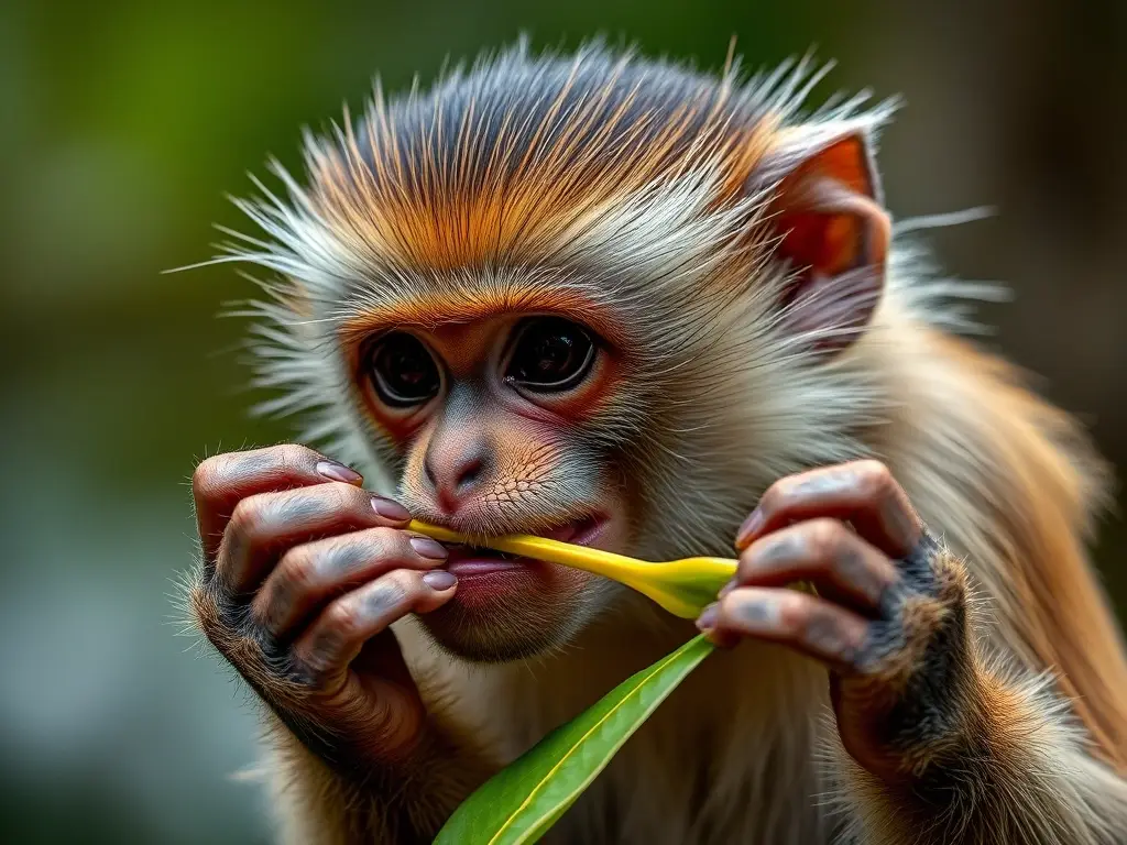 Un retrato realista de un mono capuchín comiendo una hoja de plátano