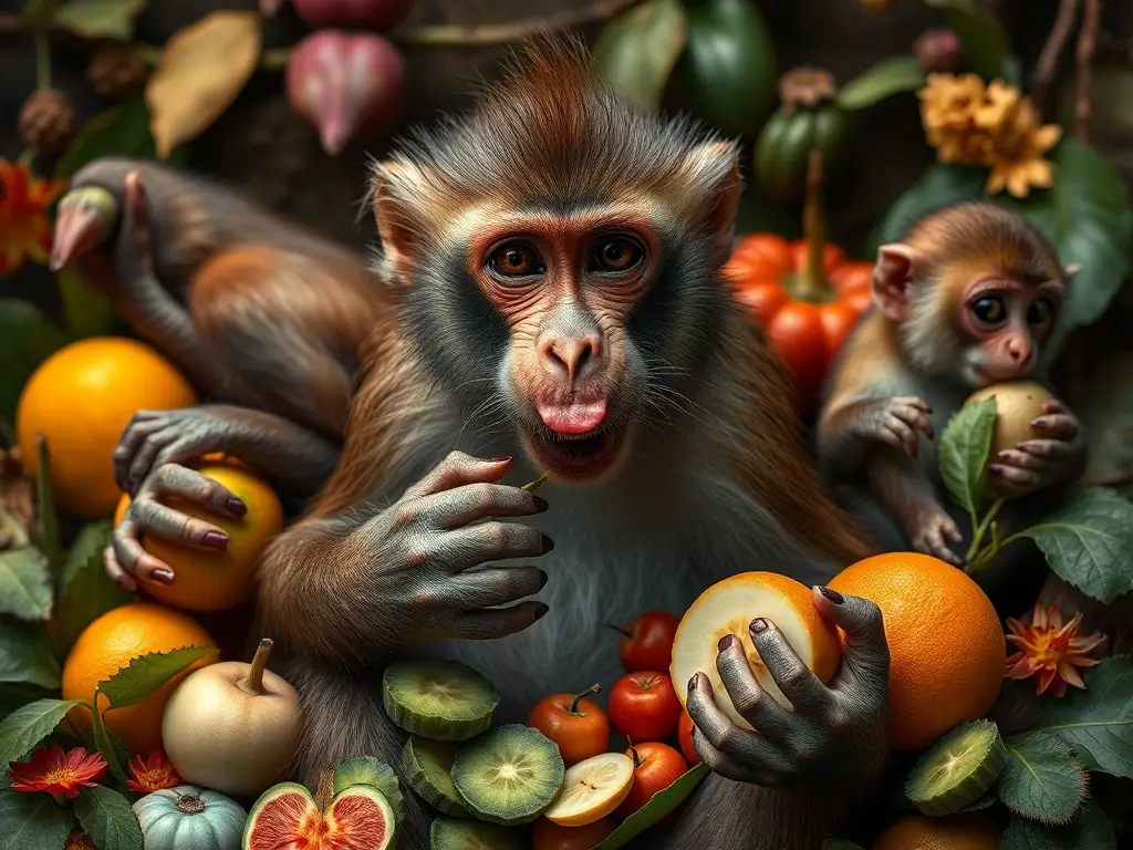 Fotorealista retrato de primates Cebidae con comida en color