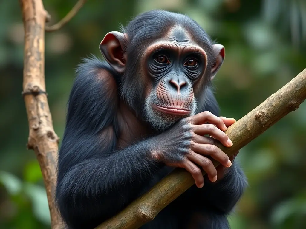 Photorealistic chimpanzee atop branch, details perfect, natural lighting