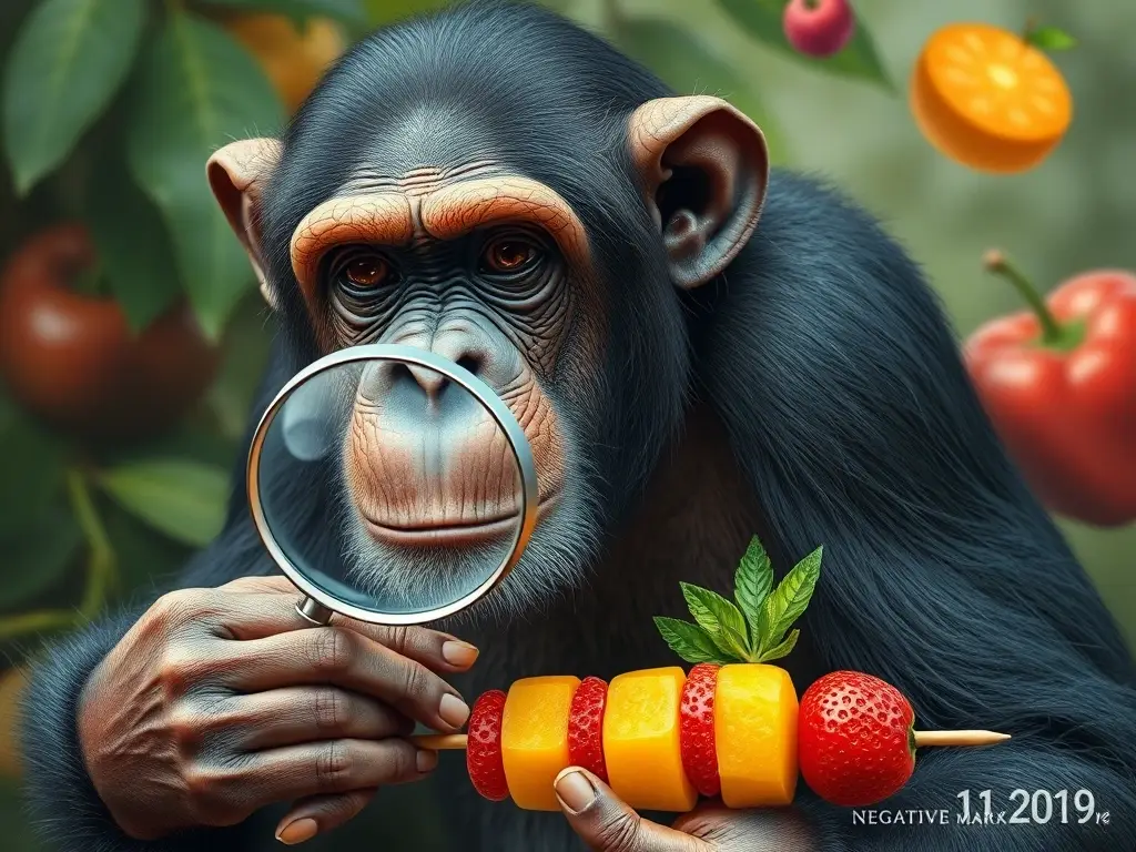 Foto realismo impresionante de un chimpancé estudiando un broche de frutas