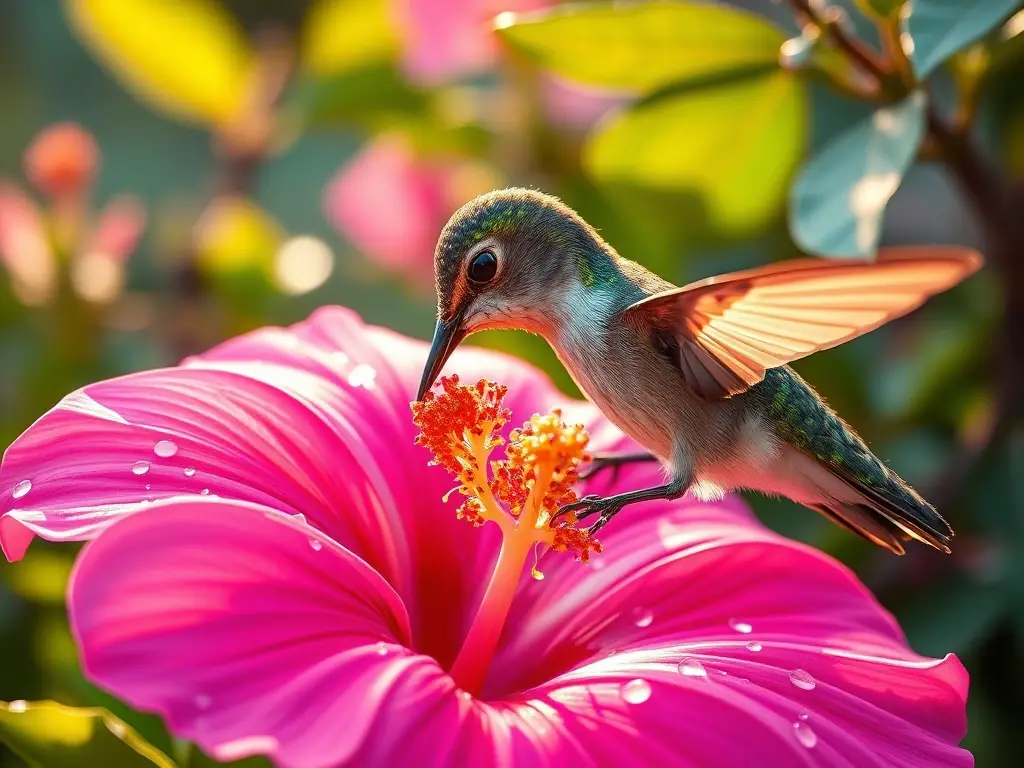 Colibrí recién nacido alimentándose en hibisco