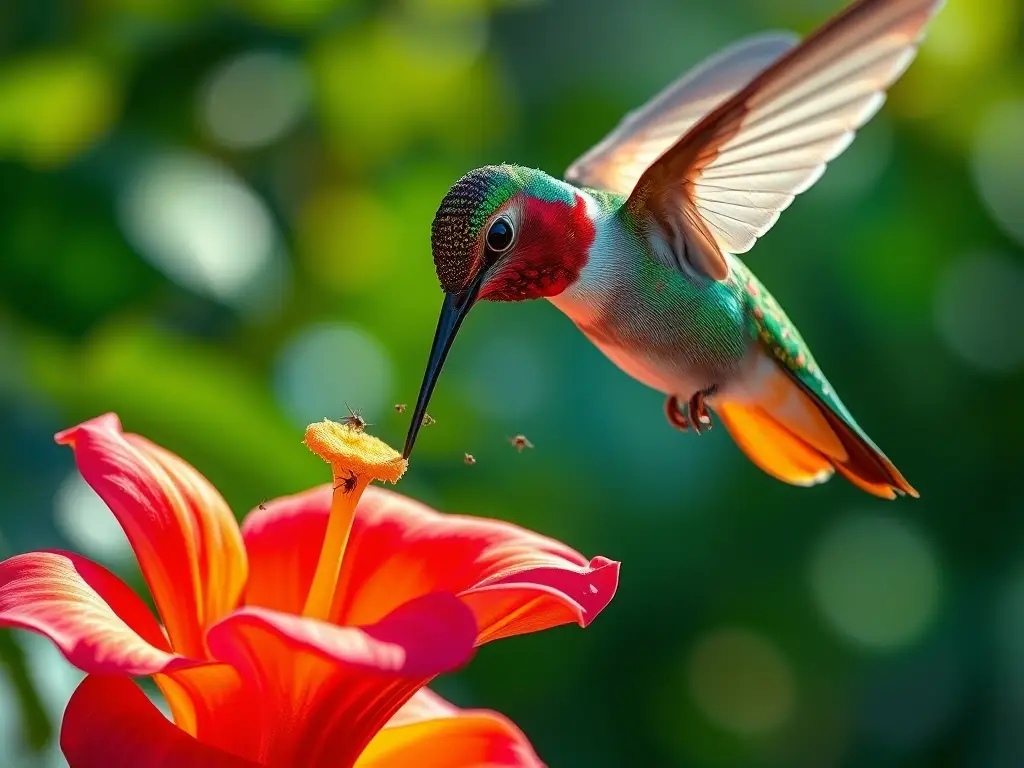 Colibrí iridiscente bebiendo néctar de flor