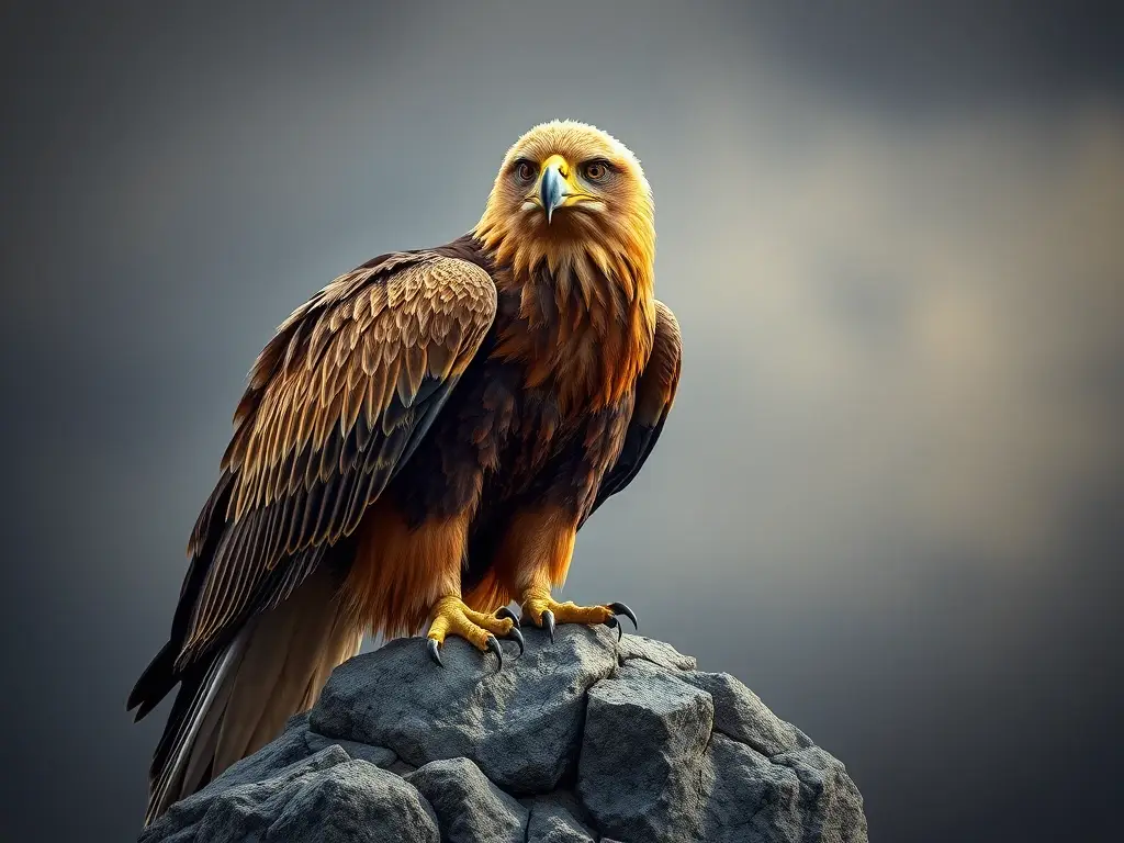 Foto realista de un águila dorada en un picacho, sin texto ni logo
