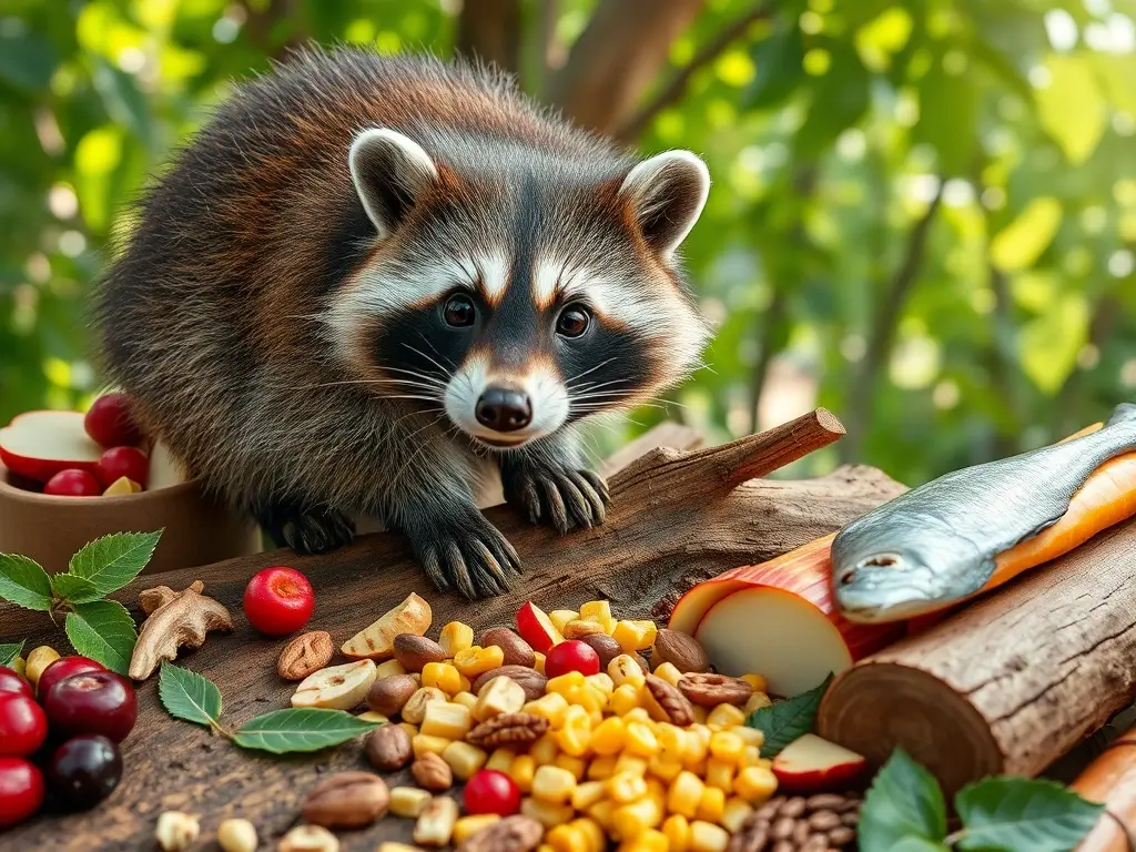 Mapache curioso en rama rodeado de alimentos