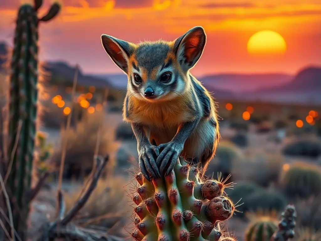 Fotorealistic image de mapache en un cactus en un paisaje desierto vibrante