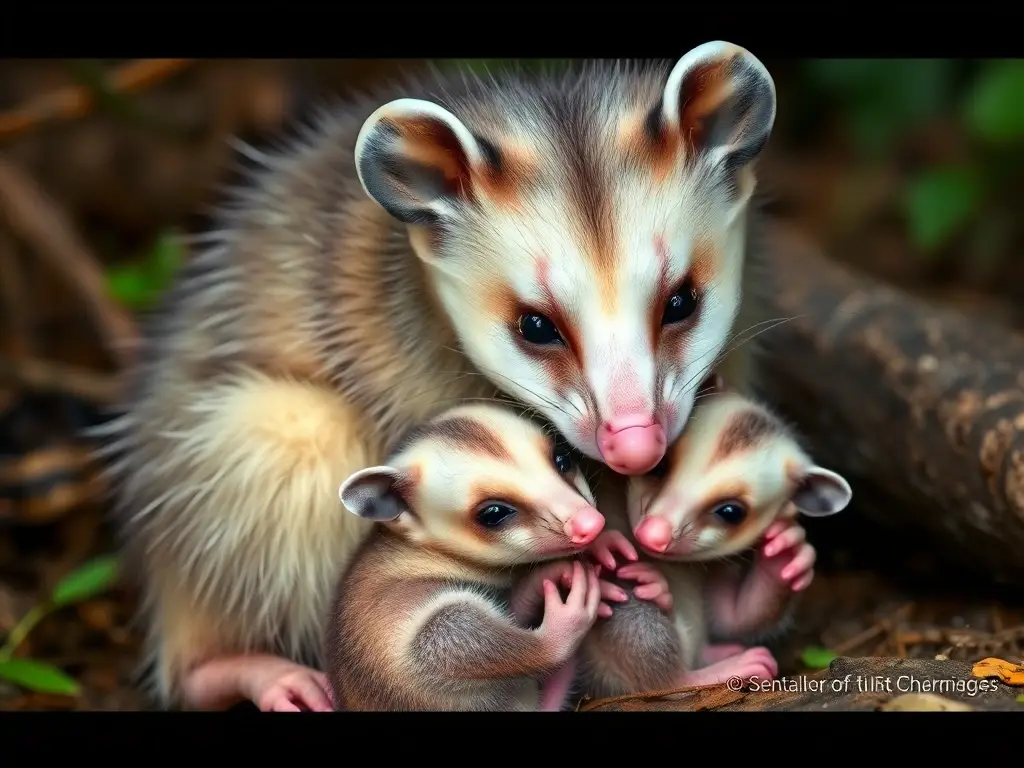 Imagen fotorealista de una opossum amamantando a sus cachorros en un entorno natural