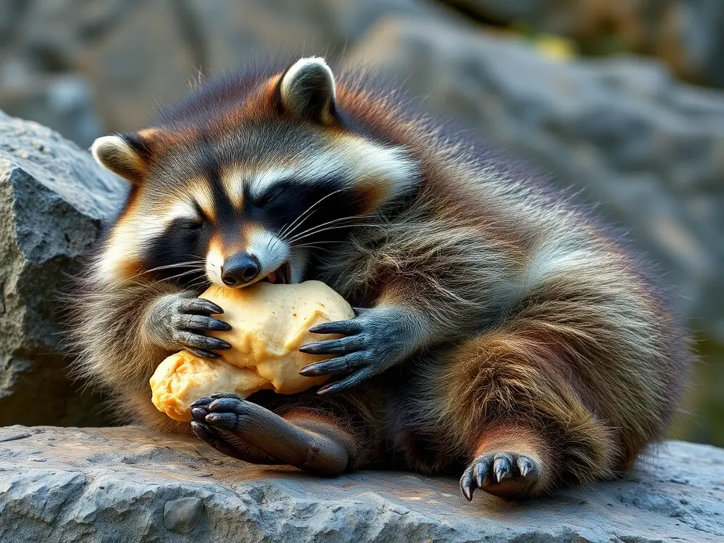 Imagen fotorealista de un oso hormiguero gordo comiendo un pecho de pollo